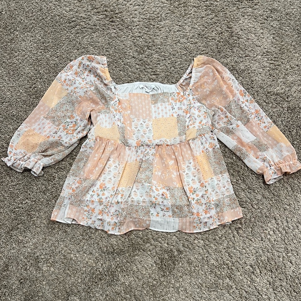 Pink Rose patchwork floral print babydoll top quarter length sleeves women’s L